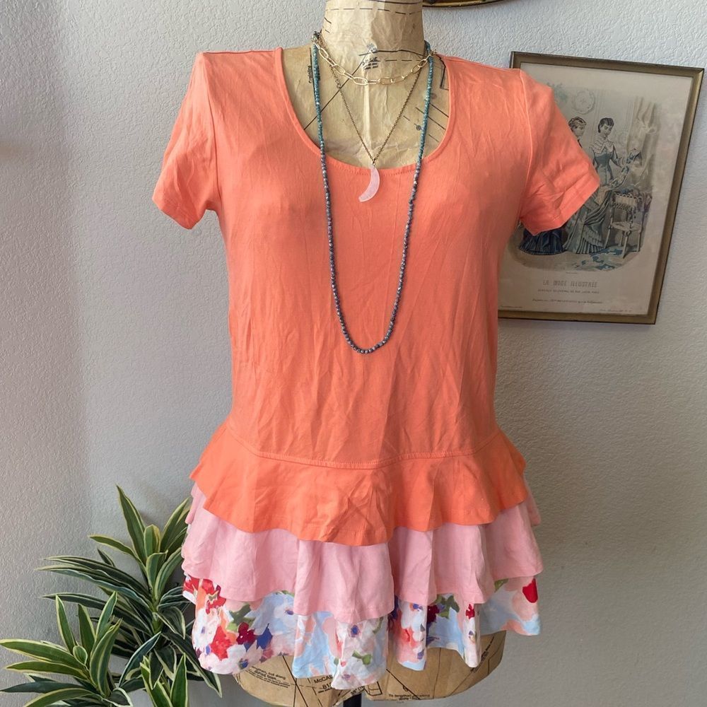 Matilda Jane Womens Peach Orange Colorful Floral Ruffle Stretch Tee Blouse sz S